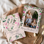 Cute Blush Pink Foliage Arch Merry Christmas Photo Holiday Card<br><div class="desc">This collection features watercolor bright pink florals,  berries & winter greenery with modern & elegant typography,  with a winter botanical pattern back.</div>