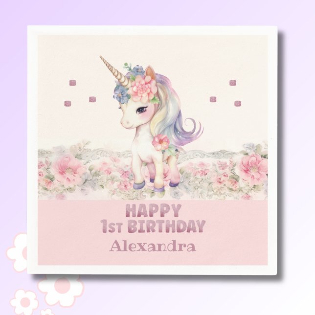 Cute Blush Pink Girl Unicorn 1st Birthday Napkin (Creator Uploaded)