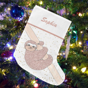Cute Blush Pink Glitter Sloth Name Small Christmas Stocking