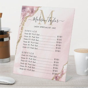 Cute Blush Pink Gold Glitter Agate Marble Monogram Pedestal Sign