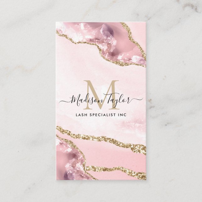 Cute Blush Pink Gold Glitter Marble Agate Monogram Business Card (Front)