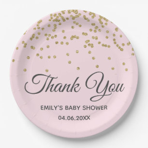 Cute Blush Pink Gold Glitter Thank You Baby Shower Paper Plate