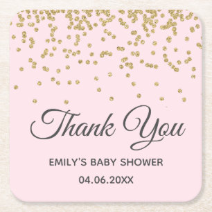 Cute Blush Pink Gold Glitter Thank You Baby Shower Square Paper Coaster