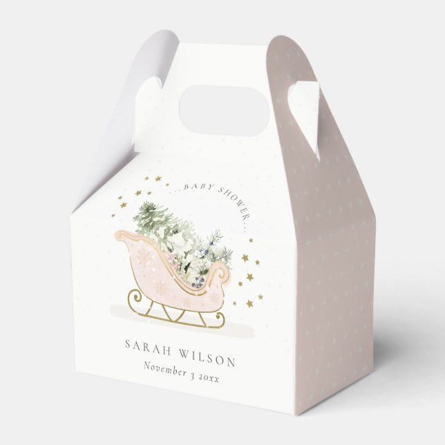 Cute Blush Pink Gold Winter Sleigh Baby Shower Favour Box (Front Side)
