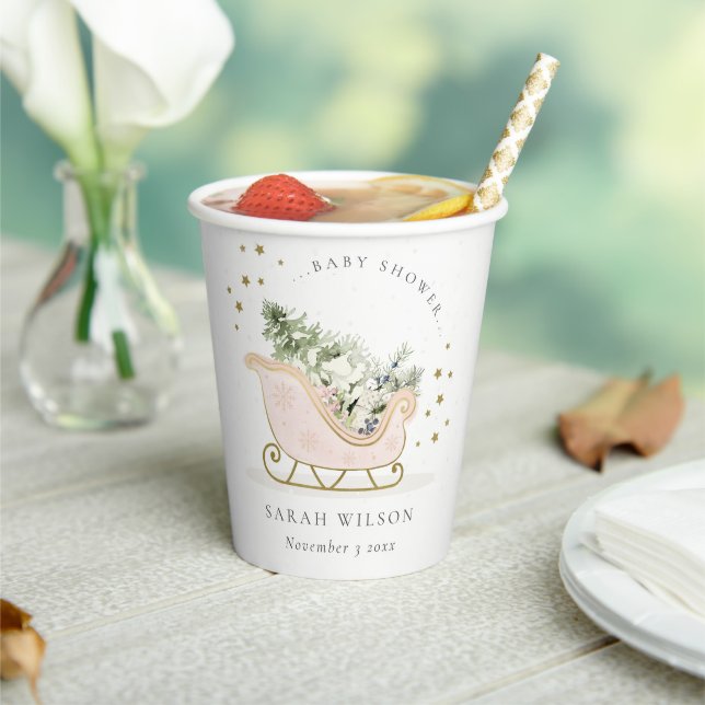 Cute Blush Pink Gold Winter Sleigh Baby Shower Paper Cups (Insitu)