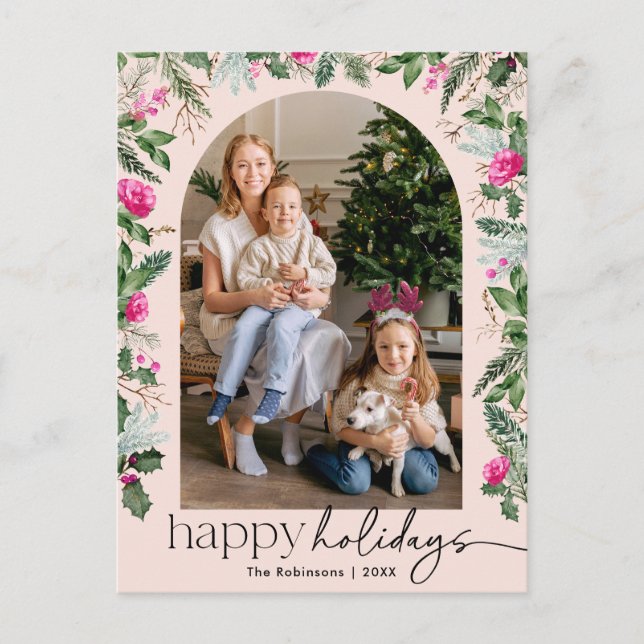 Cute Blush Pink Greenery Arch Photo Holiday Postcard (Front)
