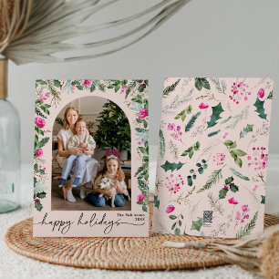 Cute Blush Pink Greenery Botanical Arch 1 Photo Holiday Card