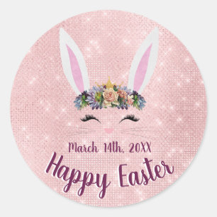 Cute Blush Pink Happy Easter Rabbit Classic Round Sticker