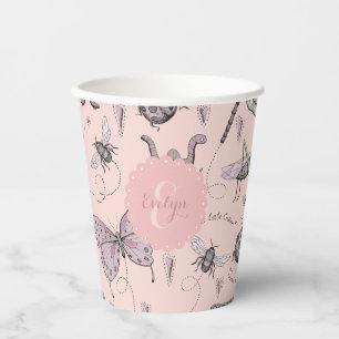 Cute Blush Pink Insects Monogram Paper Cups