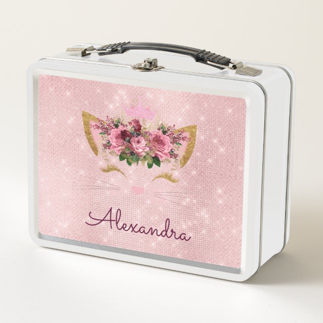 Cute Blush Pink Kitty Monogram School Metal Lunch Box (Front)