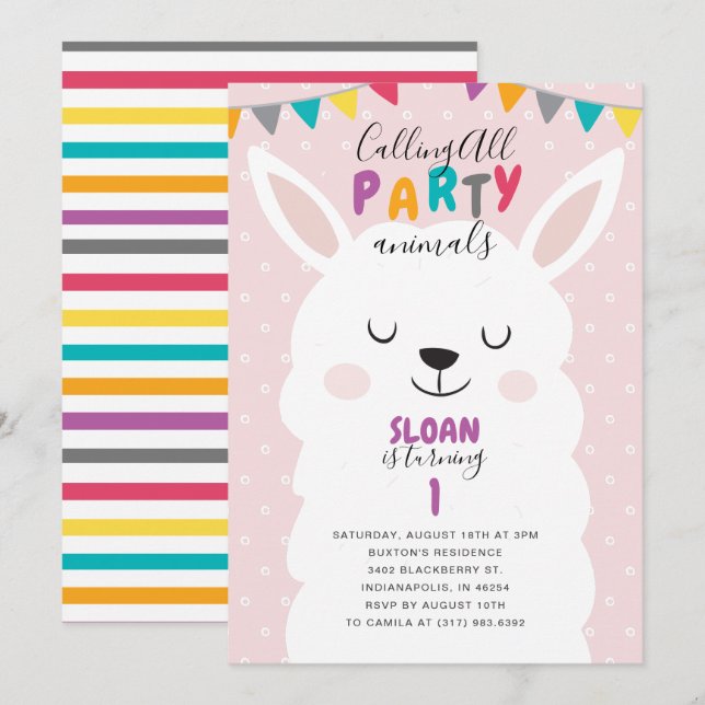 Cute Blush Pink Lama Fun Fiesta Birthday Party Invitation (Front/Back)