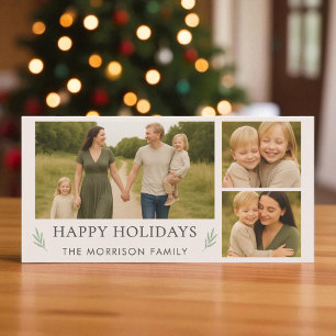 Cute Blush Pink Merry Christmas 3 Photo Botanical Holiday Card