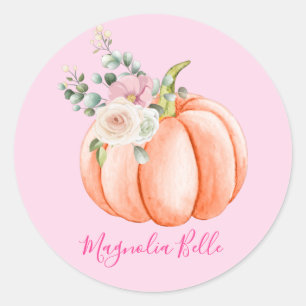 Cute Blush Pink Spring Floral Little Pumpkin Name Classic Round Sticker