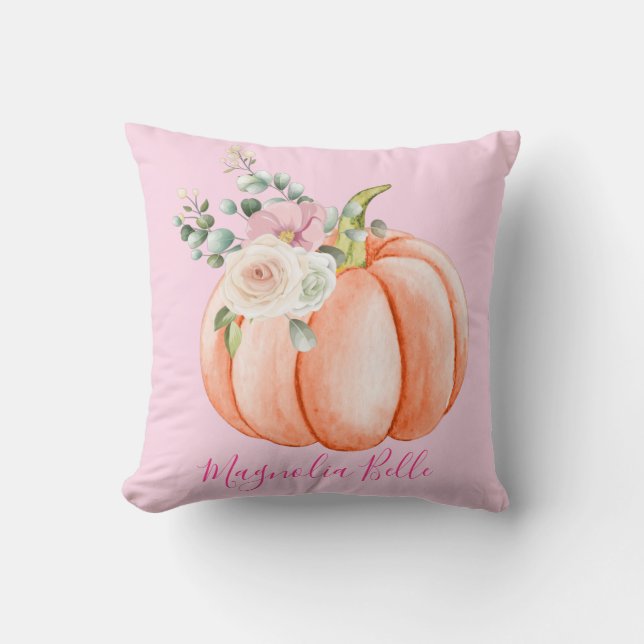 Cute Blush Pink Spring Floral Little Pumpkin Name Cushion (Front)