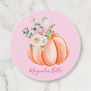 Cute Blush Pink Spring Floral Little Pumpkin Name Favour Tags