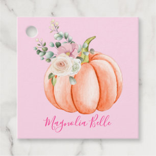 Cute Blush Pink Spring Floral Little Pumpkin Name Favour Tags