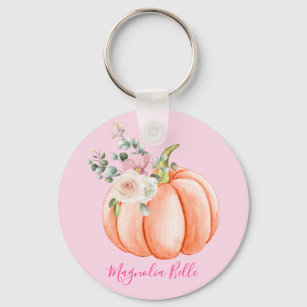 Cute Blush Pink Spring Floral Little Pumpkin Name Key Ring