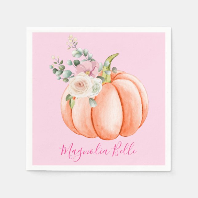 Cute Blush Pink Spring Floral Little Pumpkin Name Napkin (Front)