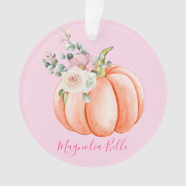 Cute Blush Pink Spring Floral Little Pumpkin Name Ornament (Front)