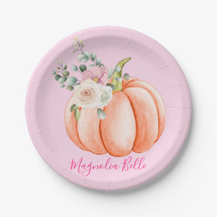 Cute Blush Pink Spring Floral Little Pumpkin Name Paper Plate