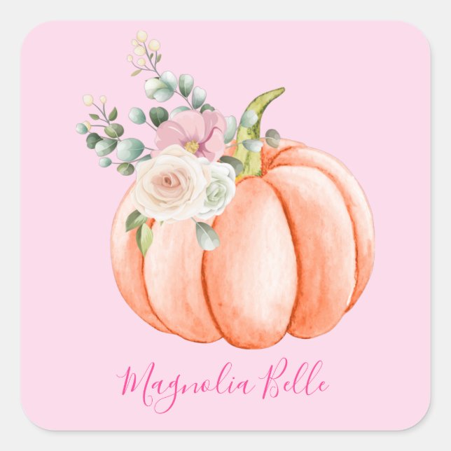 Cute Blush Pink Spring Floral Little Pumpkin Name Square Sticker (Front)
