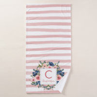 Cute Blush Pink Stripes Navy Blue Floral Monogram