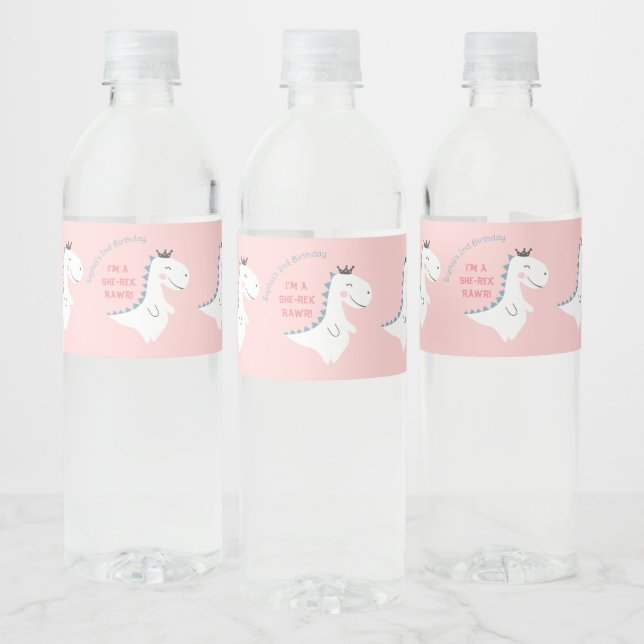 Cute Blush Pink Teal Dinosaur Birthday Party Water Bottle Label (Bottles)