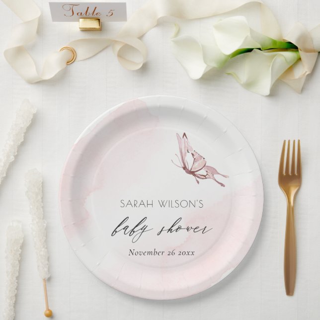 Cute Blush Pink Watercolor Butterfly Baby Shower Paper Plate (Wedding)