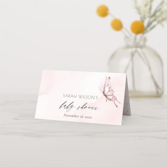 Cute Blush Pink Watercolor Butterfly Baby Shower  Place Card (Front)