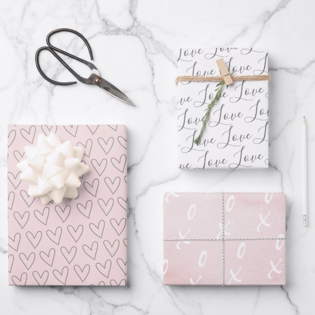 Cute Blush Pink XO Hearts Valentine's Wrapping Paper Sheet (Front)