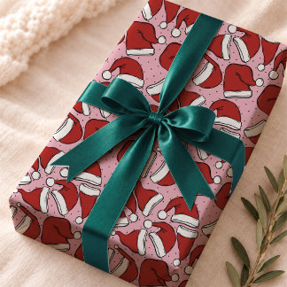 Cute Blush Rose Retro Santa Hat Pattern Wrapping Paper
