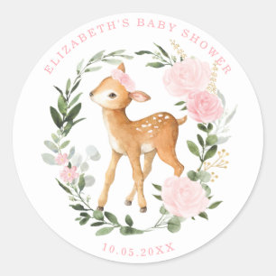 Cute Blush Roses Greenery Woodland Deer Fawn Baby Classic Round Sticker