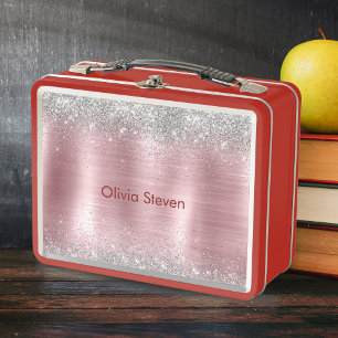 Cute blush silver faux glitter monogram metal lunch box