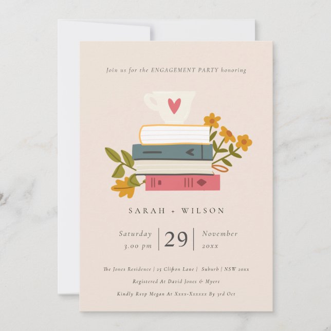 Cute Blush Stacked Books Floral Engagement Invite (Front)
