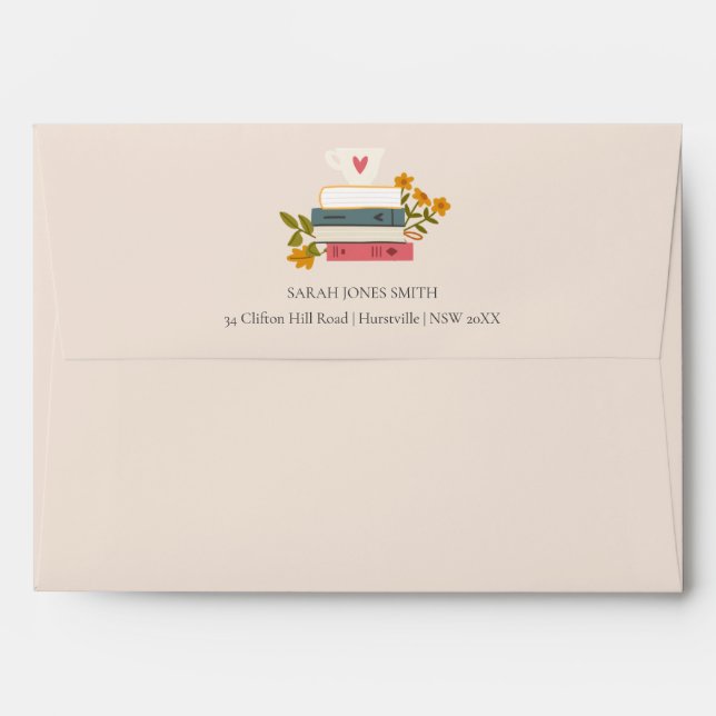 Cute Blush Stacked Storybooks Floral Address Envelope (Back (Top Flap))
