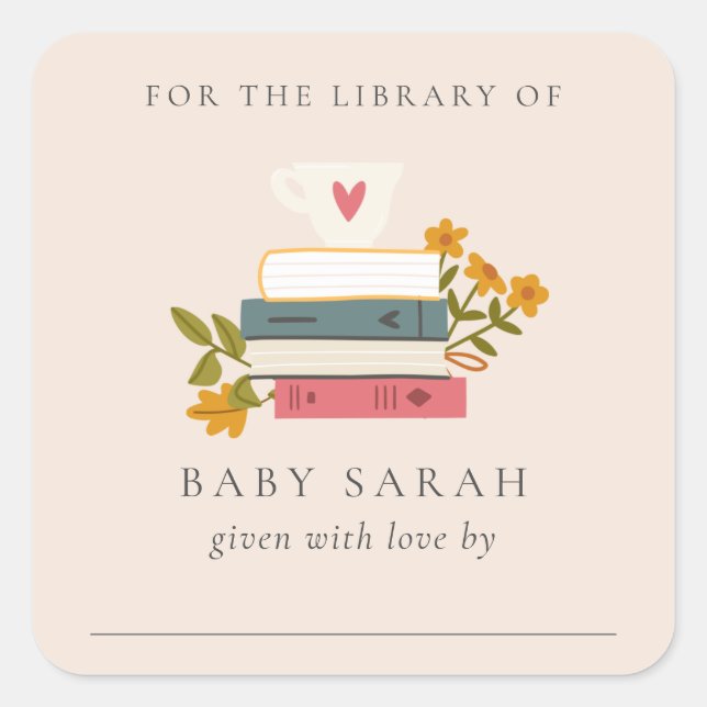 Cute Blush Stacked Storybooks Floral Baby Library Square Sticker (Front)