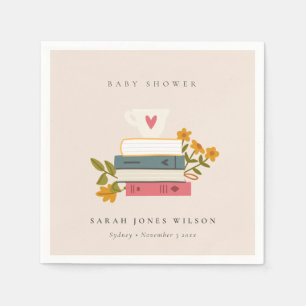 Cute Blush Stacked Storybooks Floral Baby Shower Napkin