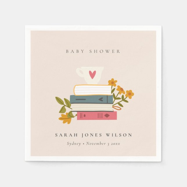 Cute Blush Stacked Storybooks Floral Baby Shower Napkin (Front)
