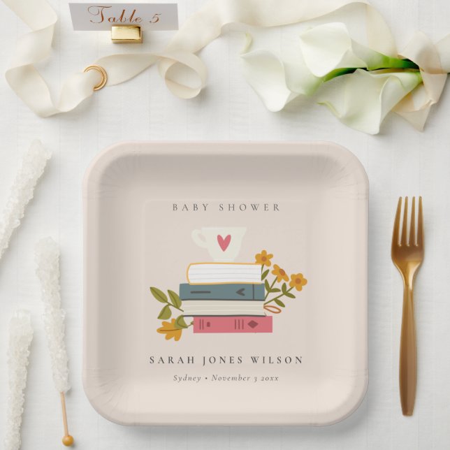 Cute Blush Stacked Storybooks Floral Baby Shower Paper Plate (Wedding)
