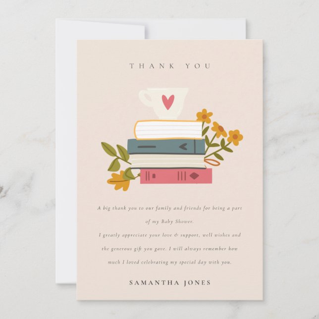 Cute Blush Stacked Storybooks Floral Baby Shower Thank You Card (Front)