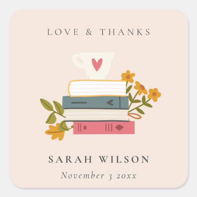 Cute Blush Stacked Storybooks Floral Wedding Square Sticker (Front)