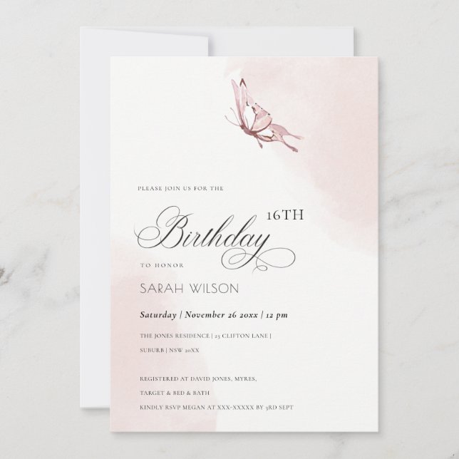 Cute Blush Watercolor Butterfly Any Age Birthday Invitation (Front)