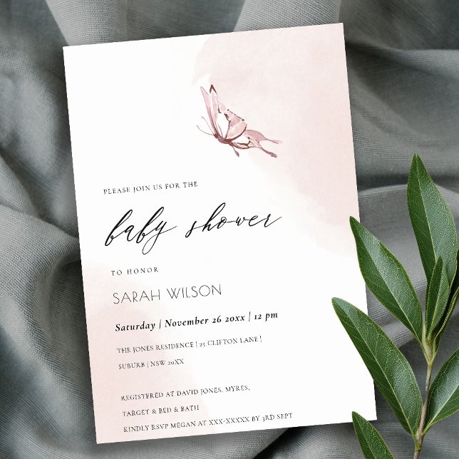 Cute Blush Watercolor Butterfly Baby Shower Invitation (Creator Uploaded)