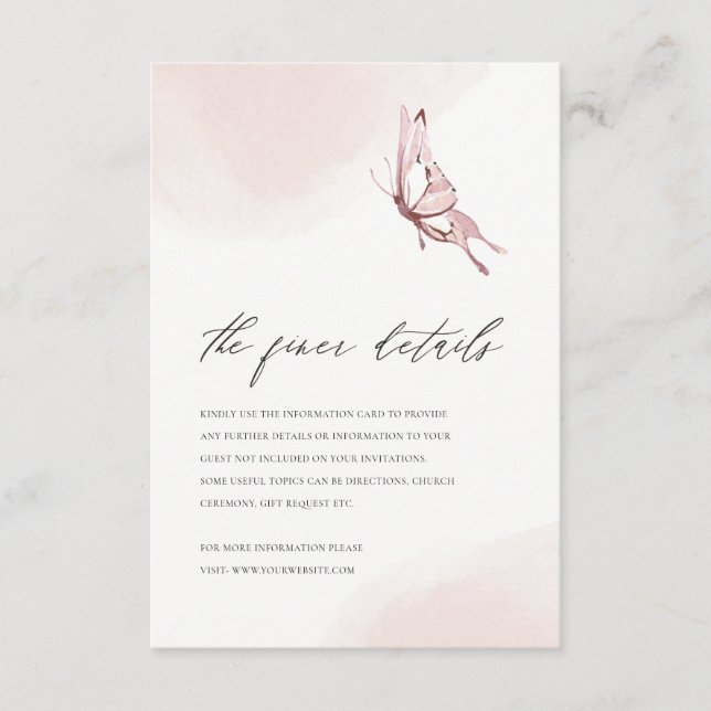CUTE BLUSH WATERCOLOR BUTTERFLY WEDDING DETAILS  ENCLOSURE CARD (Front)