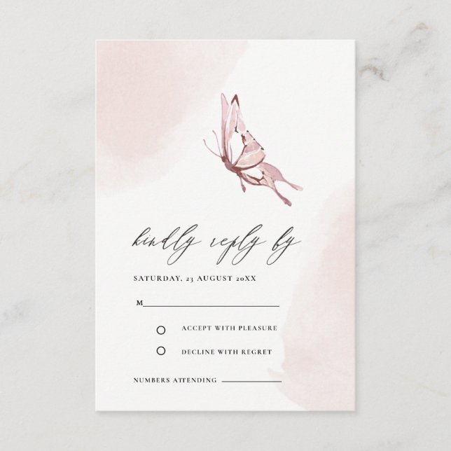 CUTE BLUSH WATERCOLOR BUTTERFLY WEDDING RSVP ENCLOSURE CARD (Front)