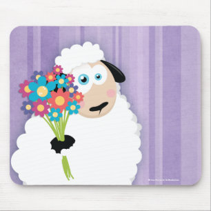 Cute Blushing Sheep Holding Flowers Novelty Mouse Mat