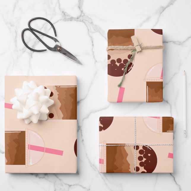 Cute Boba Bubble Tea Art Brown Pink Blush Wrapping Paper Sheet (Front)
