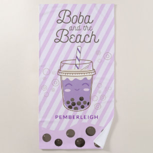 Cute Boba Bubble Tea Purple Stripes Beach Towel
