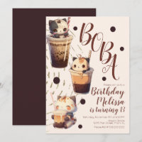 Cute Boba Cat Cartoon Birthday Party