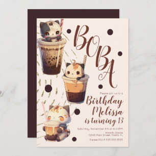 Cute Boba Cat Cartoon Birthday Party Invitation